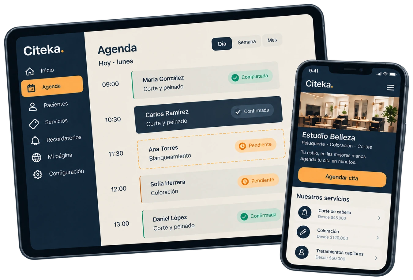 Agenda del día en una tablet y la página de reservas de un negocio en un teléfono